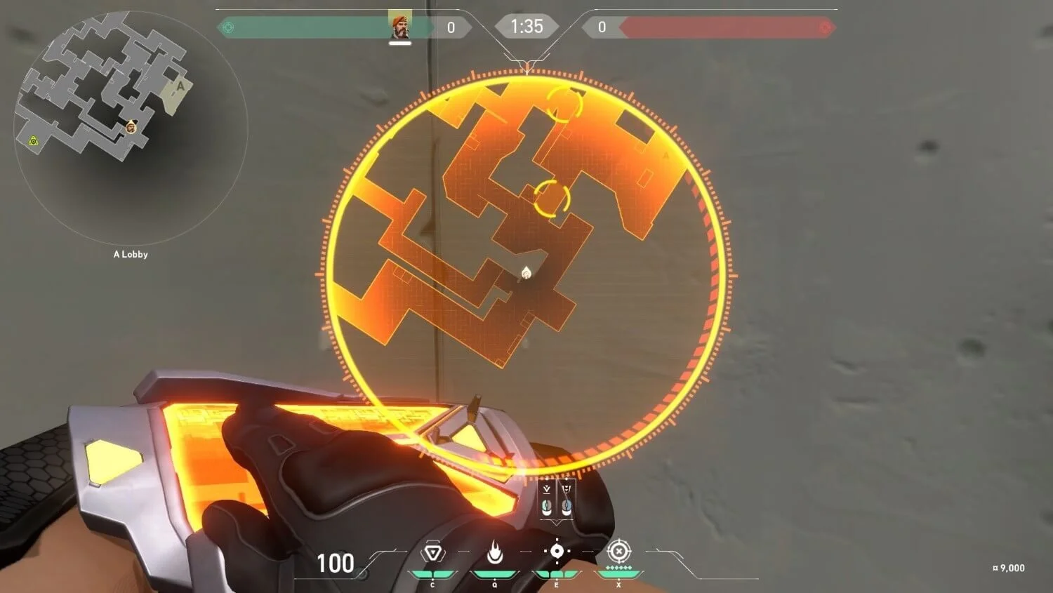 Top down blueprint view of a tactical FPS map showing movement arrows and smoke placements